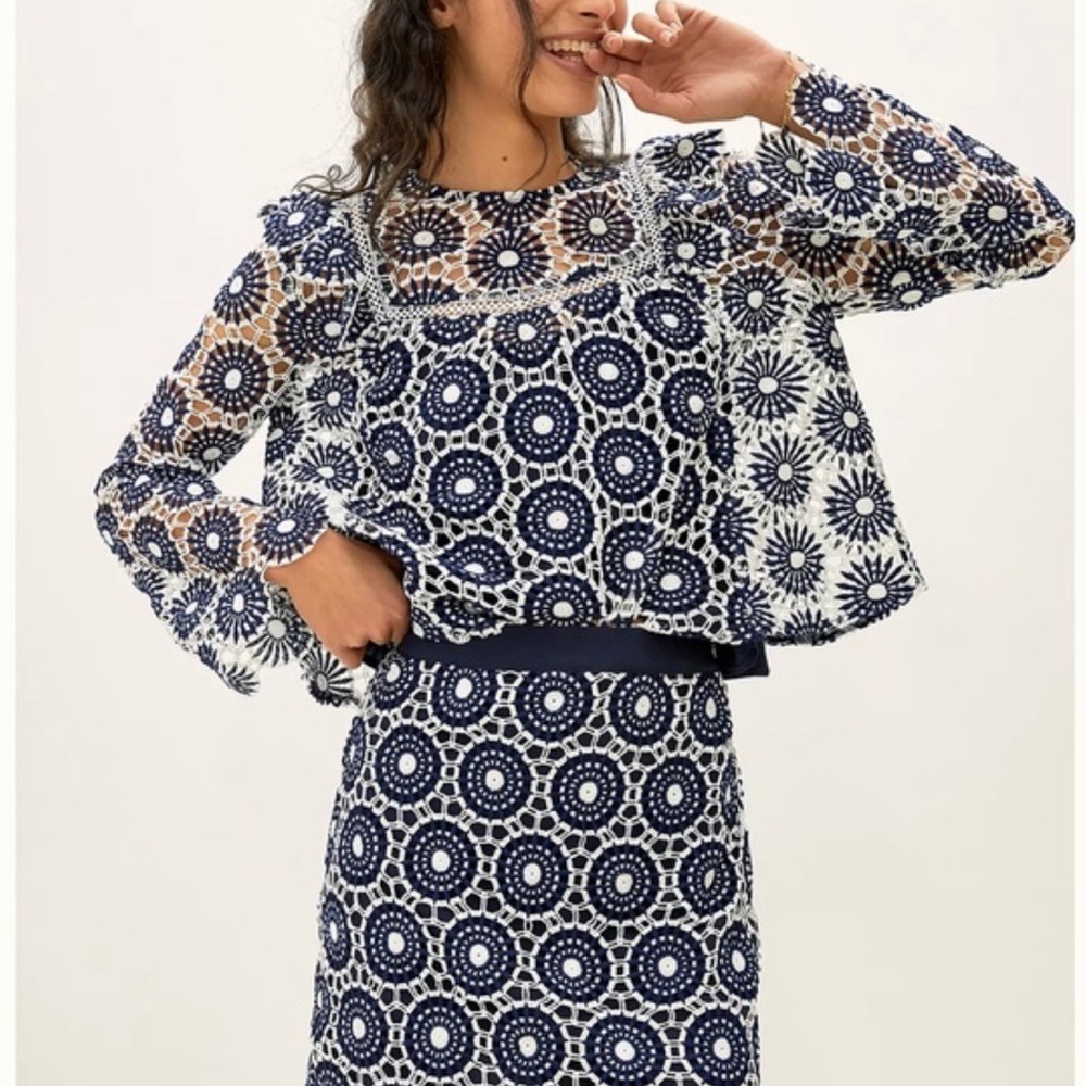 Anthropologie En Saison embroidered long sleeve crochet set.